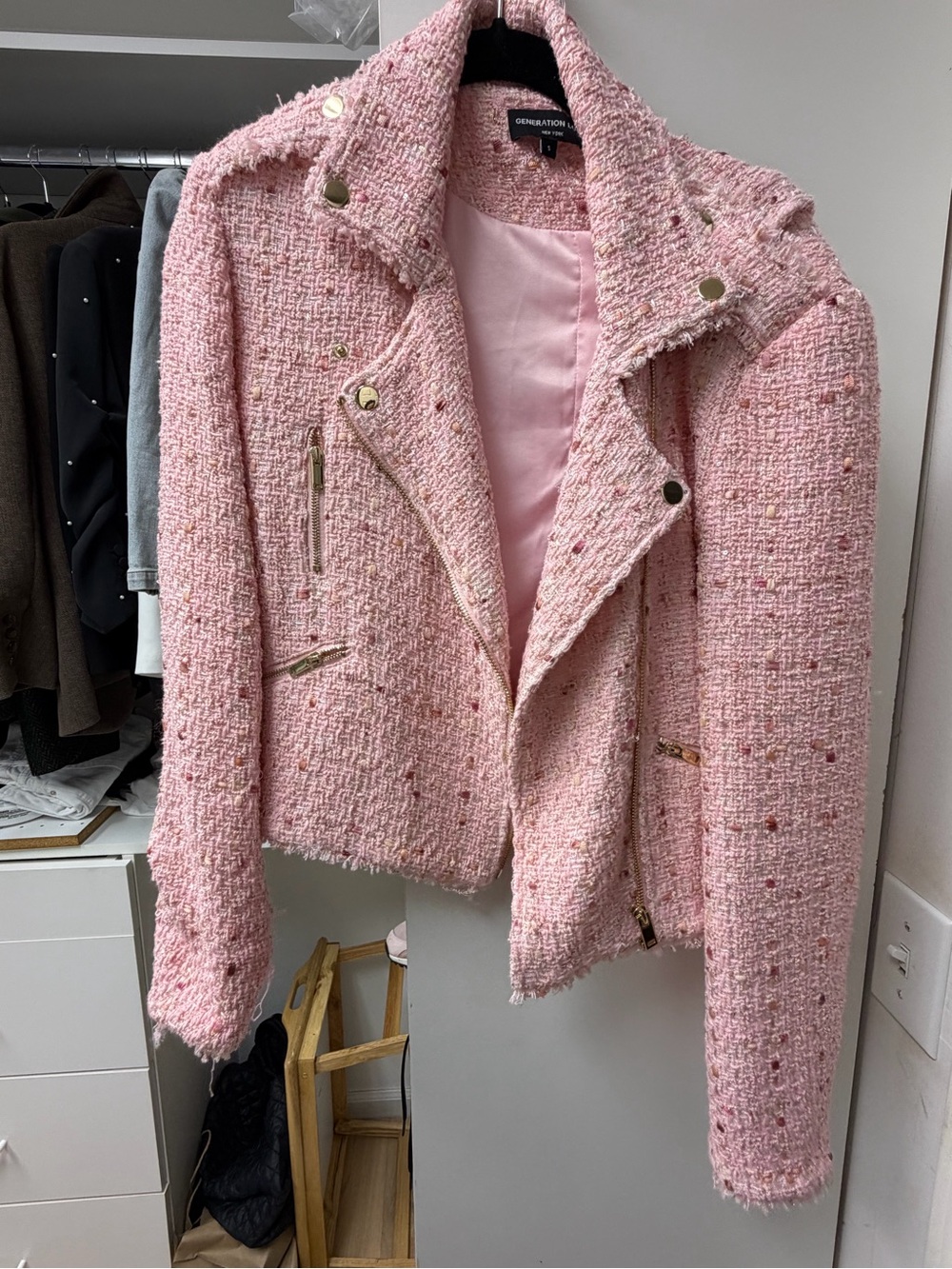 Generation Love Pink Tweed Biker Blazer with Gold Hardware